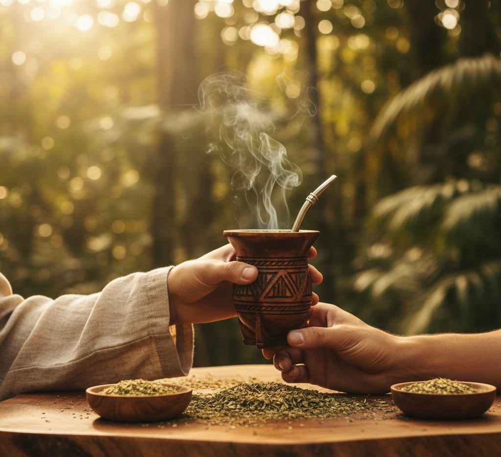 Traditional mate gourd with bombilla surrounded by yerba mate leaves — symbol of South American culture and Guaraní heritage.