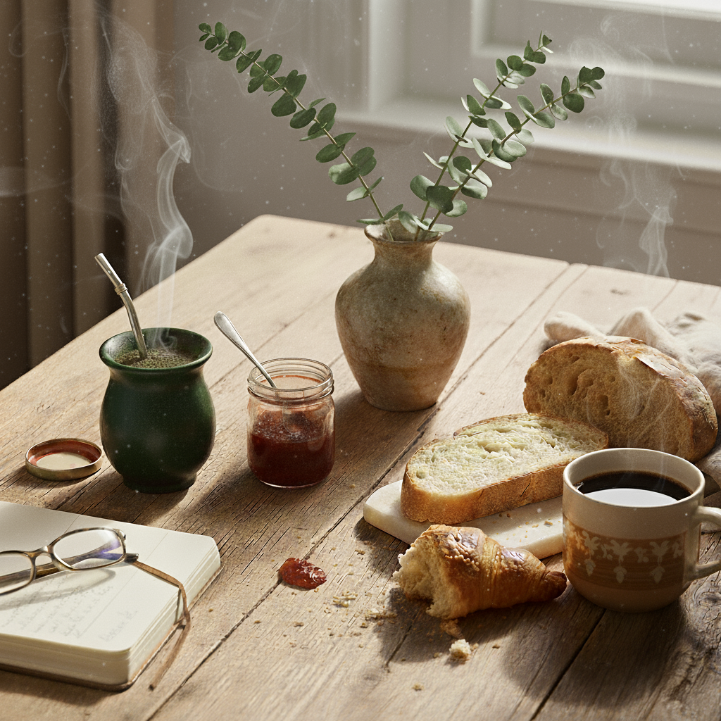 Flat lay of yerba mate and coffee on a bright breakfast table with toast and croissants, lifestyle photo for Luv Mate showing the mindful morning ritual of sharing mate.